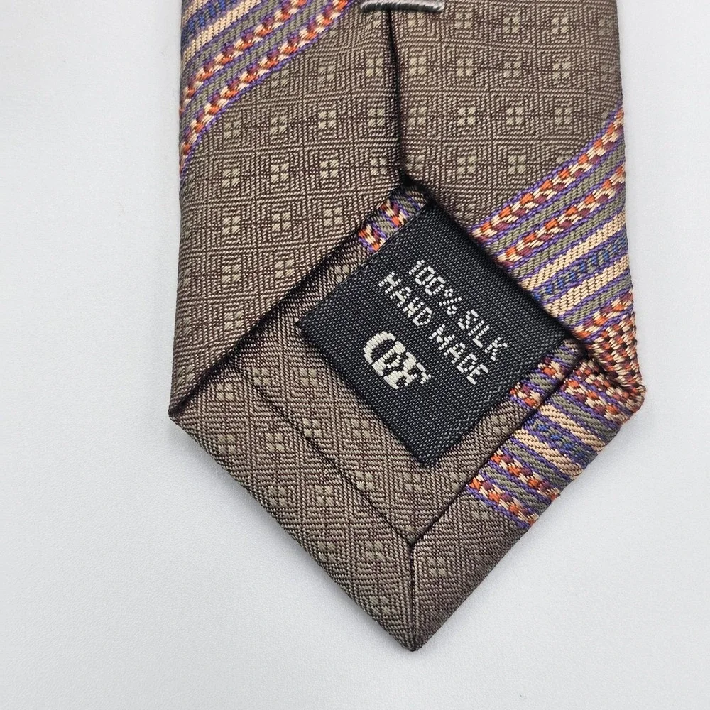 Daniel De Fasson Silk Tie Mens Brown‎ Earth Tone Wavy Stripe Geometric Handmade